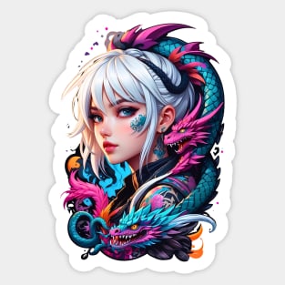 Anime girl with dragon pets Japanese art retro Sticker